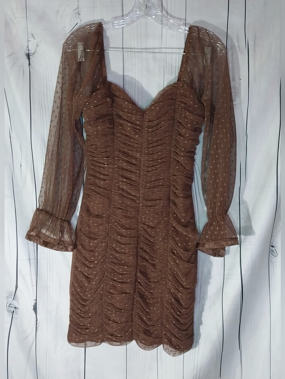 Haute Monde Brown Ruched Long-Sleeve Bodycon Y2K Cottagecore Mini Dress